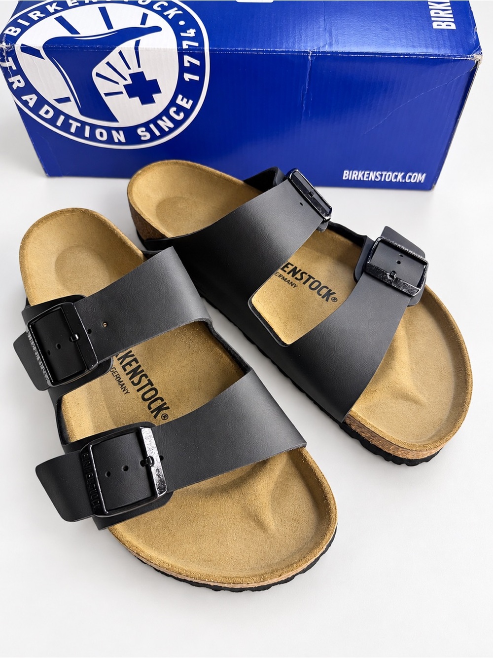 Birkenstock Men’s Arizona Two-Strap Sandal — Black and Tan Footbed